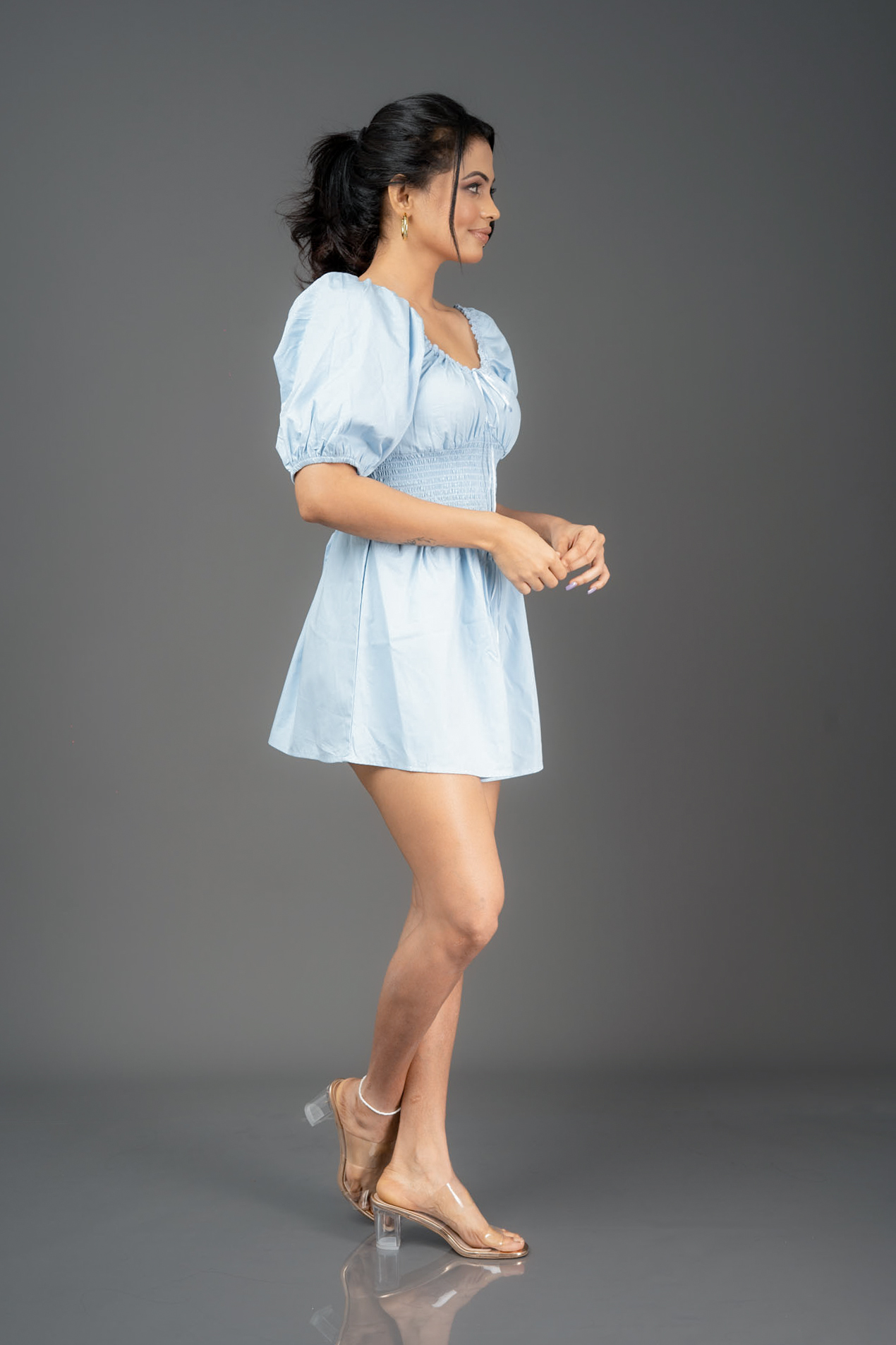 Shirred waist balloon sleeve playsuit with lace neck detail - Image 2