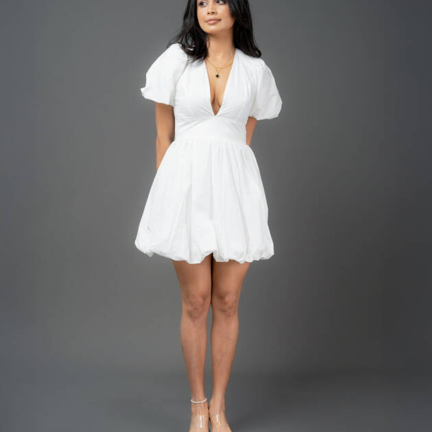Puff sleeve plunge front mini dress