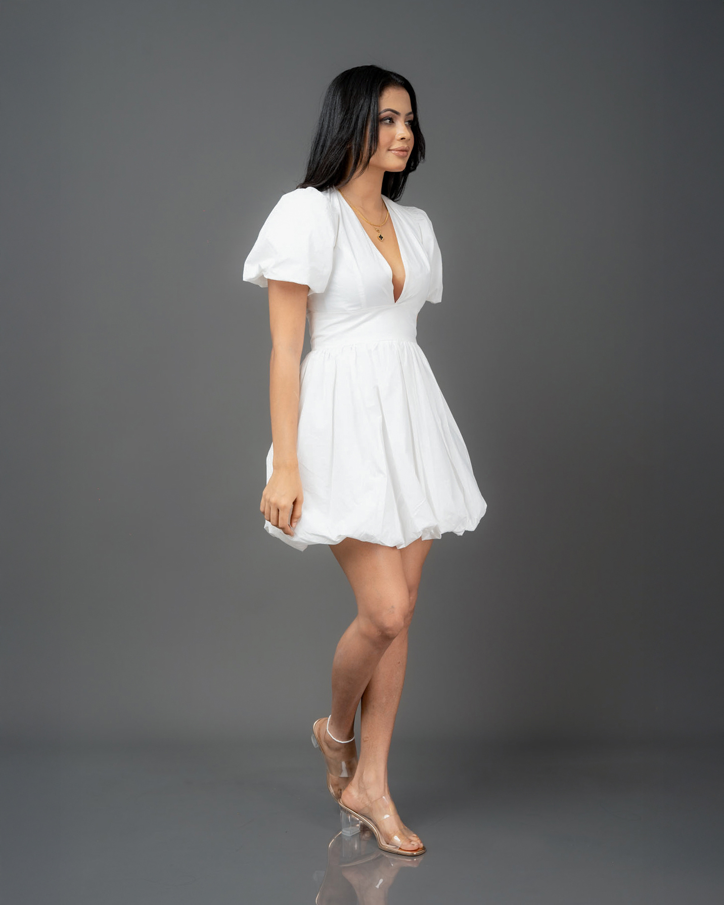 Puff sleeve plunge front mini dress - Image 2