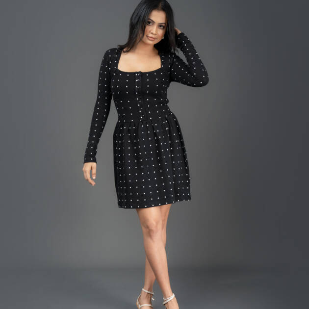 Square neck long sleeve skater hem mini dress in spot print