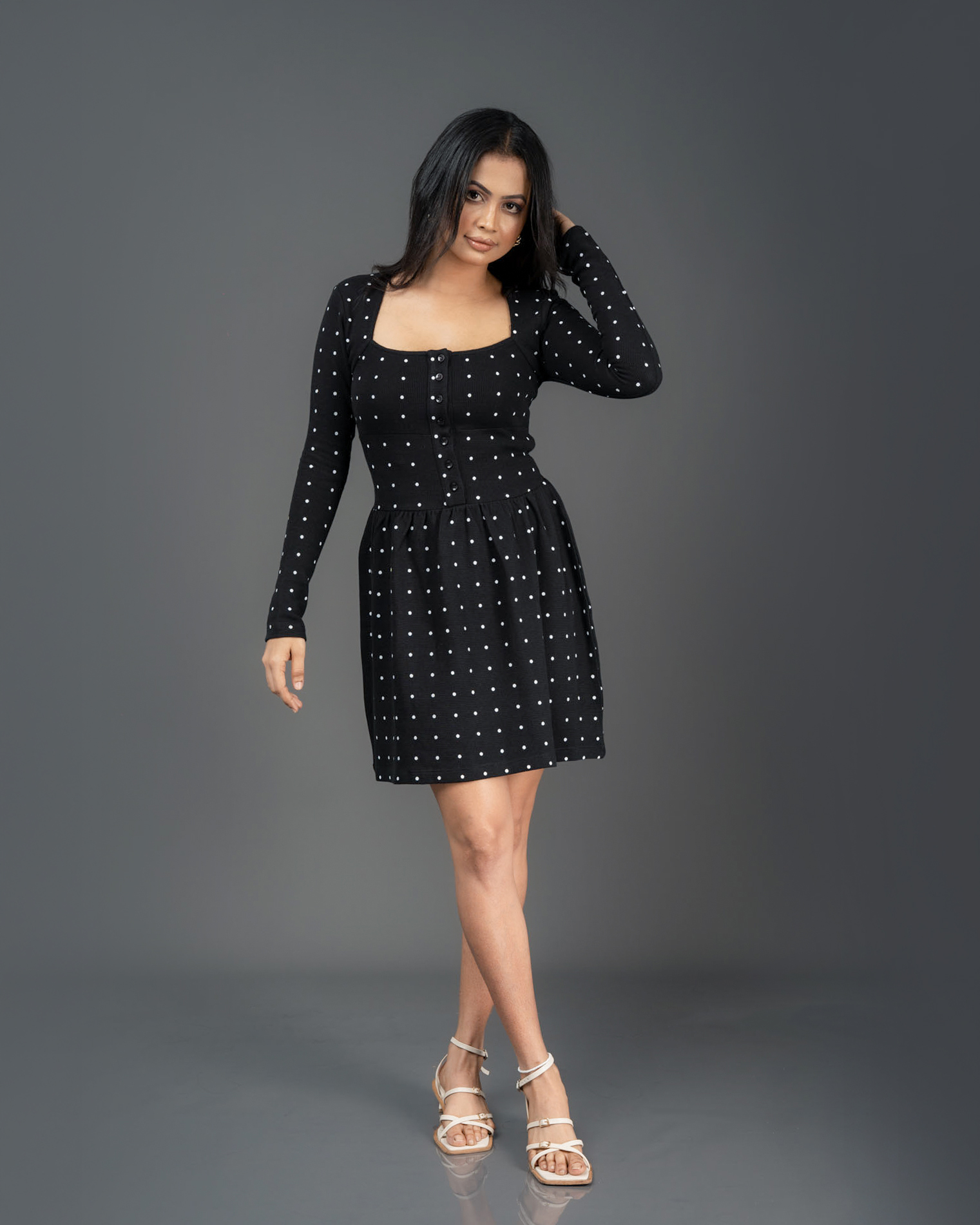 Square neck long sleeve skater hem mini dress in spot print