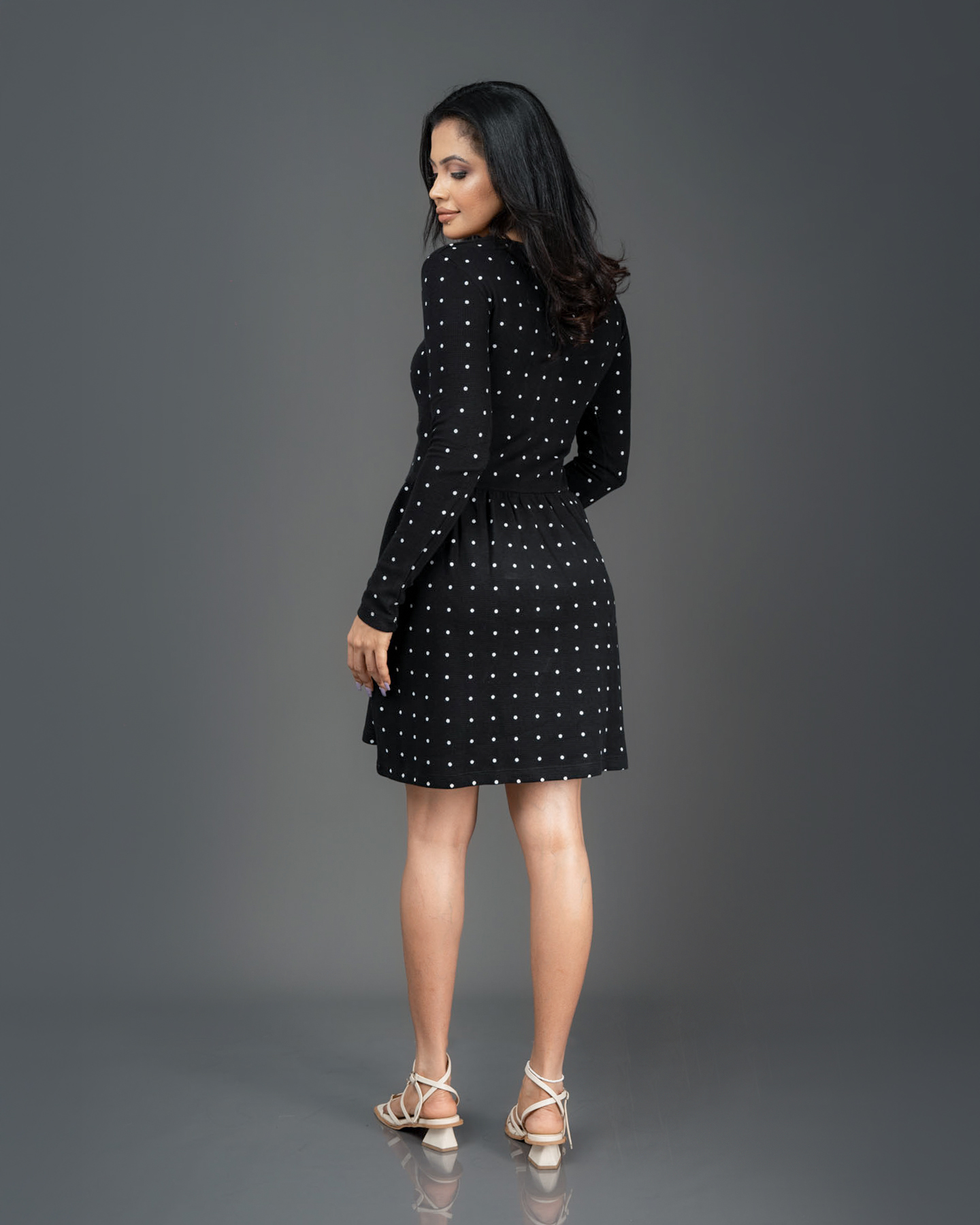 Square neck long sleeve skater hem mini dress in spot print - Image 3