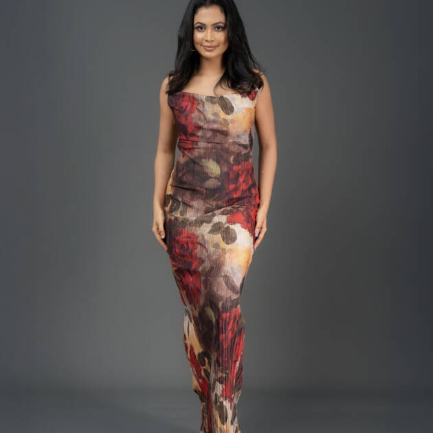 Floral Printed Plisse Strappy Maxi Dress